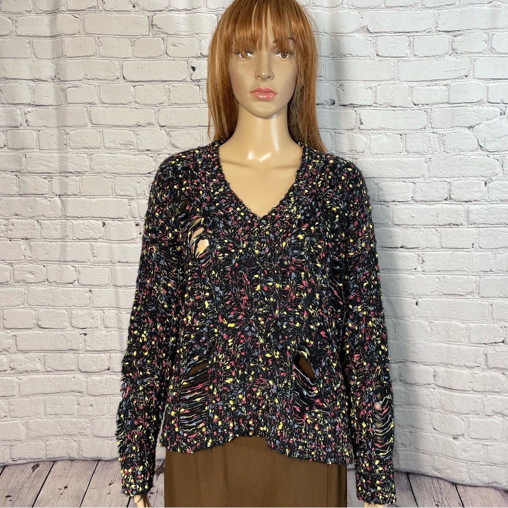 New Lumiere Dropped Stitches V-Neck Knit Sweater Size S